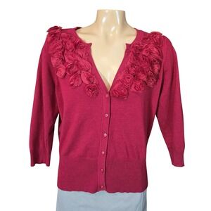 Boston Proper Womens Cardigan Red Large 3D Floral Rosette V-Neck Knit Corpcore